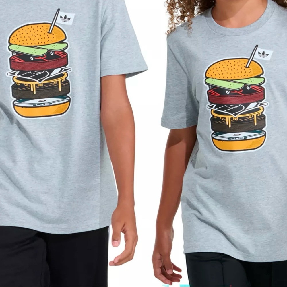 🍔 NWT Adidas Cheeseburger Hamburger French Fry Heather Gray Tee T-Shirt Small 10